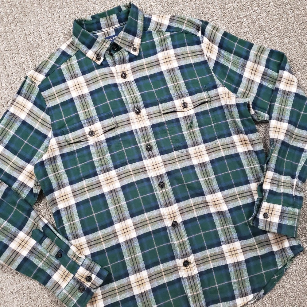 Nautica Flannel Shirt Mens S Green Plaid Button Down Cotton Skater Grunge 90s